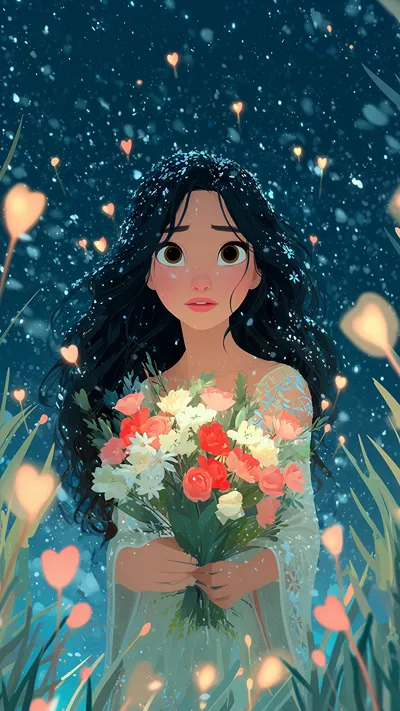 Cute chibi girl with long wavy black hair and big brown eyes, holding a large colorful bouquet in a magical night scene with floating glowing hearts and sparkles.