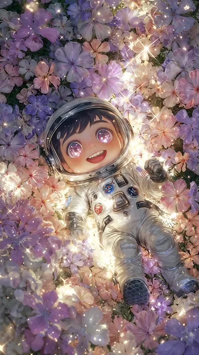 Cute cute astronaut boy with sparkling galaxy eyes, lying happily in a glowing field of pink and purple flowers surrounded by magical sparkles.