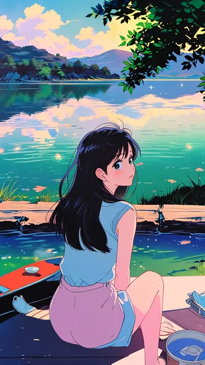 Anime girl near lake-cute anime girl