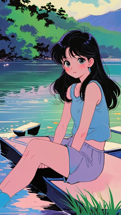 Cute anime girl near lake-anime girl