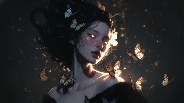 Ethereal Woman with Glowing Butterflies Digital Portrait