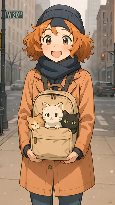 A  girl having a cats in her bag, in new York city winter season, girl wearing a enter outfit