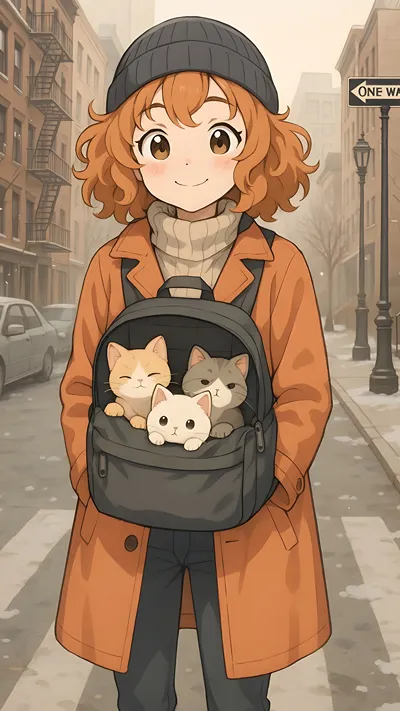 A girl having a cats in her bag, in new York city winter season, girl wearing a enter outfit