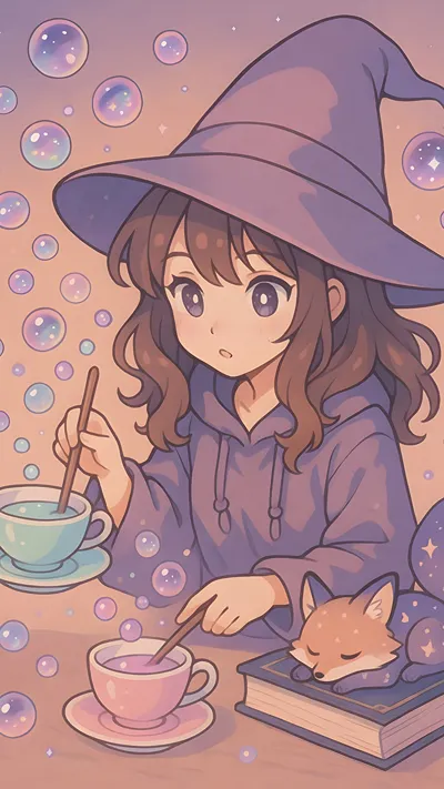 Cute magical witch girl making a tea with her fox pet 