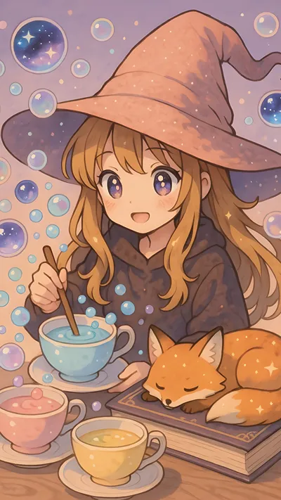 Cute magical witch girl making a tea with her fox pet