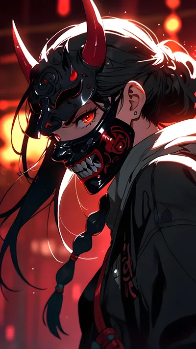 Anime girl wearing Chinese kitsune masks