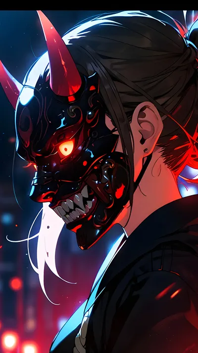 Anime girl wearing Chinese kitsune masks