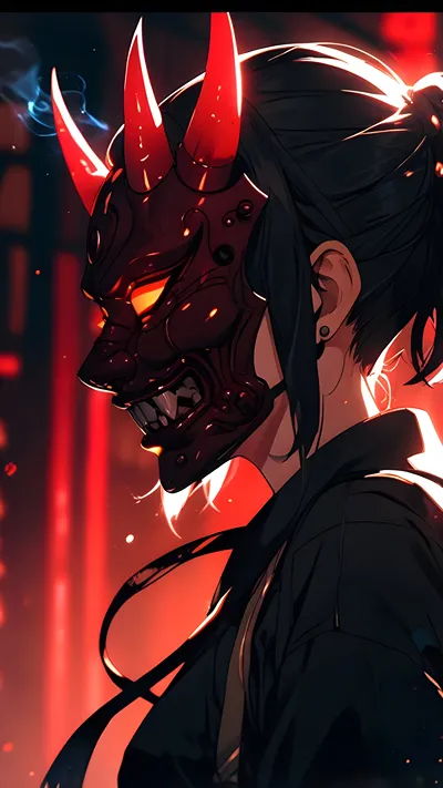 Anime girl wearing Chinese kitsune mask