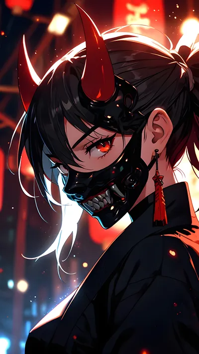 Anime girl wearing Chinese kitsune mask