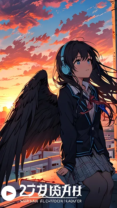 Cute anime girl wearing headphones and Wings behind her back 