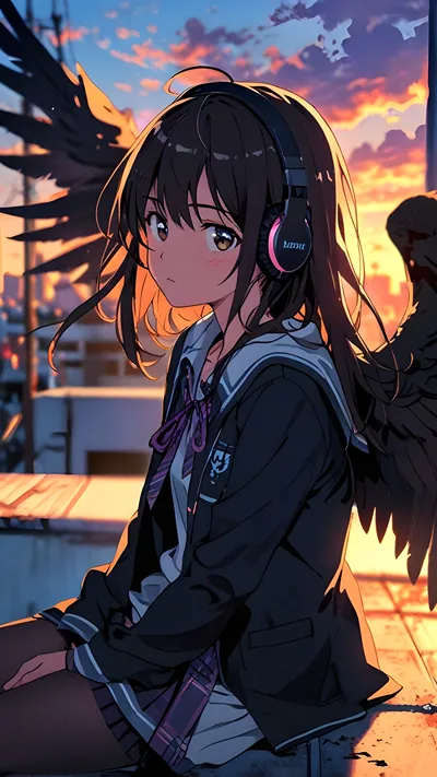 Cute anime girl wearing headphones and Wings behind her back 