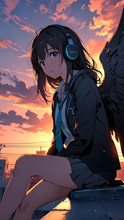 Cute anime girl wearing headphones and Wings behind her back 