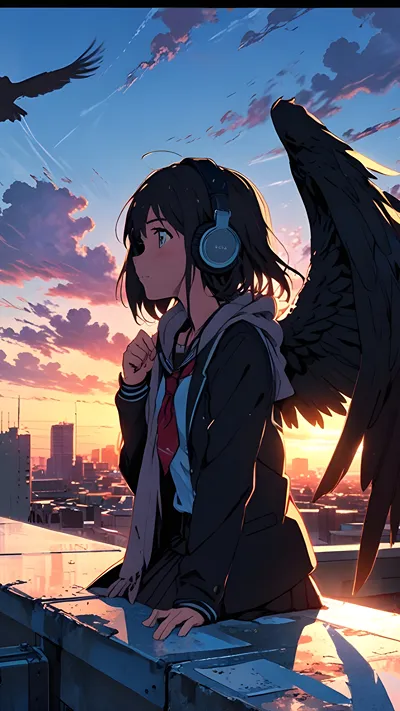 Cute anime girl wearing headphones and Wings behind her back 