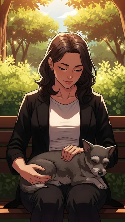 Anime girl in the garden with her pet dog