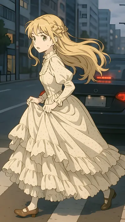 Blond hair girl wearing a beautiful white dress anime