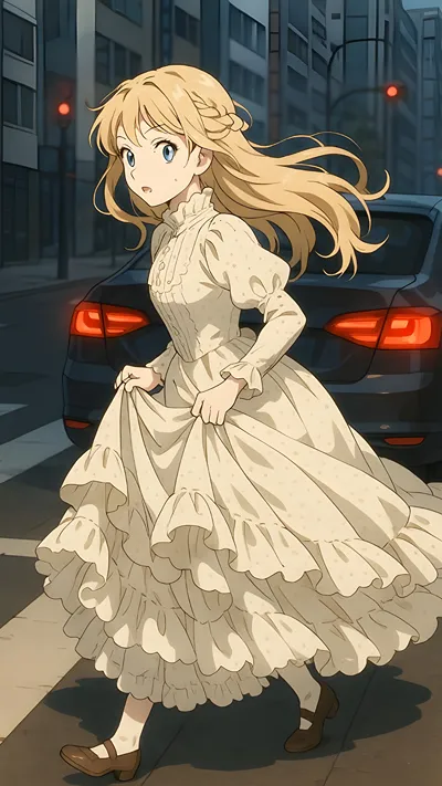 Blond hair girl wearing a beautiful white dress anime