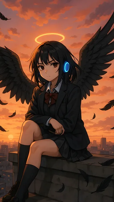 Cute anime girl wearing headphones and wings behind her back