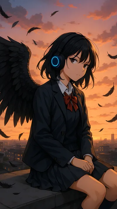 Cute anime girl wearing headphones and wings behind her back