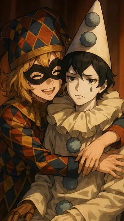 Happy joker and a annoyed mime anime 