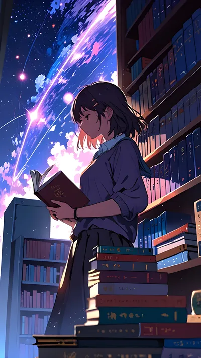 Along anime girl is standing in a floating library under a twilight sky 