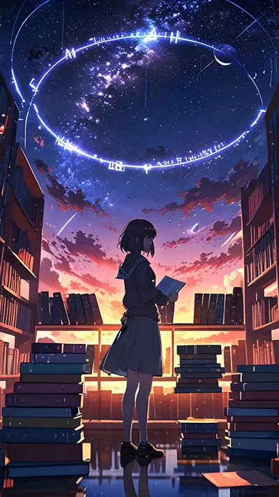 Alone anime girl standing in a floating library under a twilight sky