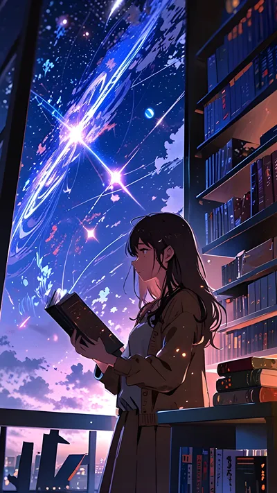 Alone anime girl standing in a floating library under a twilight sky