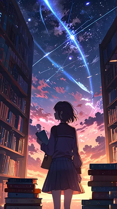 Along Anime girl standing in a floating library under a twilight sky