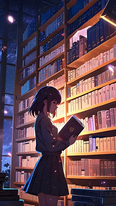 Alone anime girl standing in a floating library under a twilight sky
