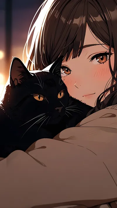 Anime girl with black cat