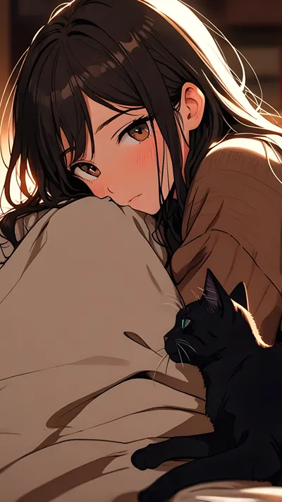 Anime girl with black cat