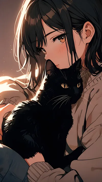 Anime girl with black cat