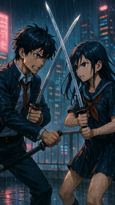 Two students one girl and one boy fighting with Swords on the roof in rain