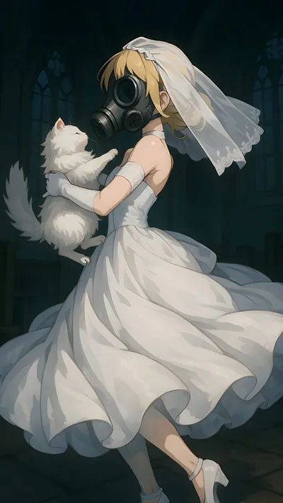 Anime bride girl holiday a white cat and wearing a gas mask