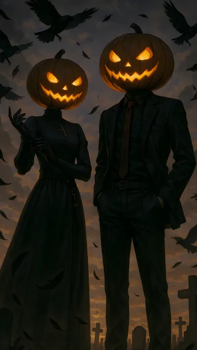 Anime gentleman and lady scarecrows wearing a decent black dress but face creepy