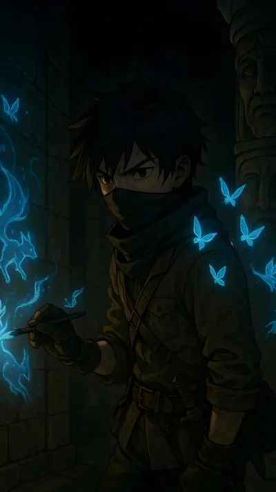 Anime boy doing a magic spell in the cave 