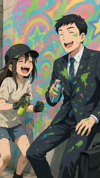 street girl and office men having a little fan anime