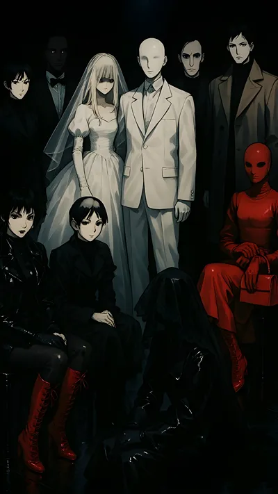 A dark, theatrical anime photograph of a group