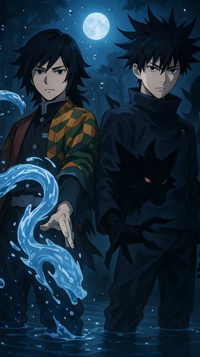 Anime fan art of Giyu Tomioka (deman slate) and Fushiguro Megumi (jujitsu Kristen) duo