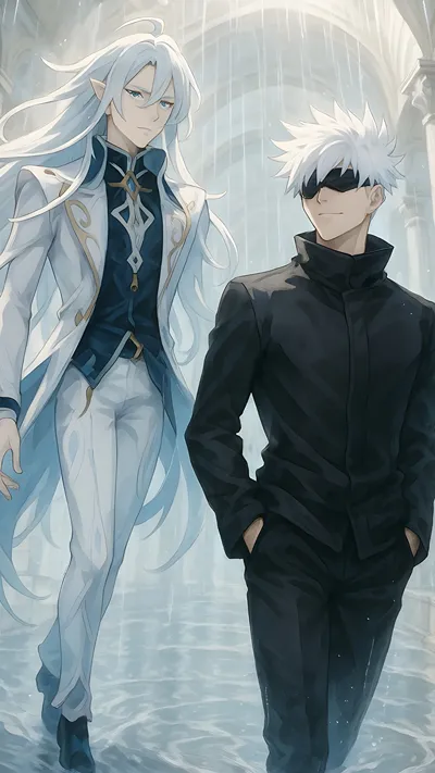 Anime fan art of neuvilette (genshin) and Gojo Satoru (Jujutsu Kaisen) duo