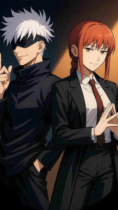 Anime fan art of makima (chainsaw man) and Gojo (Jujutsu Kaisen) duo