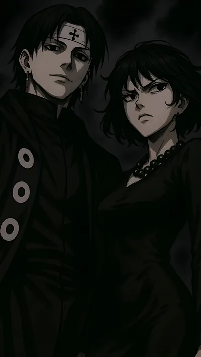 Anime fan art of Chrollo Lucilfer (Hunter x Hunter) and Fubuki (One Punch Man) duo