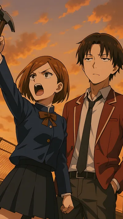 Anime fan art of nobara (jujutsu keisen) and ayanokuji (classroom of elite) duo