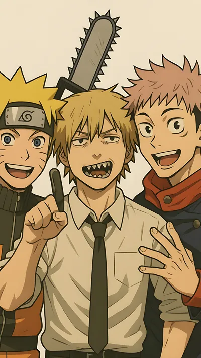 Anime fan art of naruto (naruto) ,denji (chainsaw man) and yuji (jujutsu keisen) trio