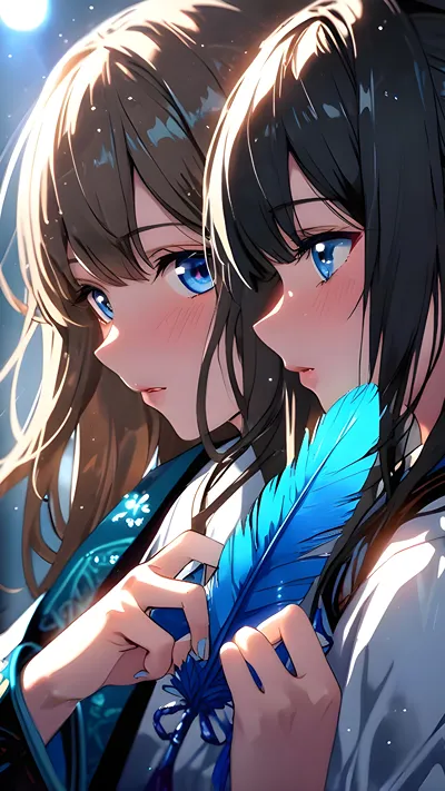 Two Beautiful sisters with feathers anime  