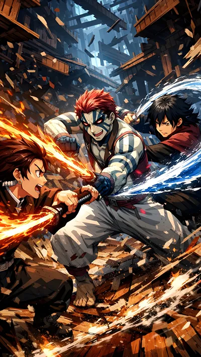 Anime fanart of tanjiro & giyu vs akaza (demon slayer)