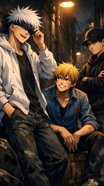 Anime fan art of gjo (jujutsu keisen) ,denji (chainsaw man) and levi (attack on titans)