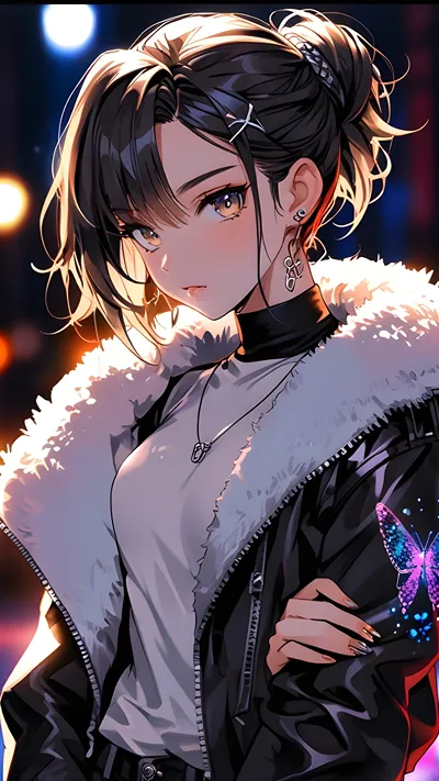 Anime girl wearing a black lather coat AI