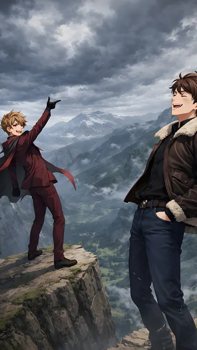 Anime boy on the mountain having boys time ai