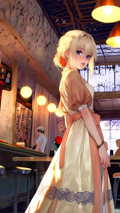 Anime girl wearing beautiful dress in coffee AI