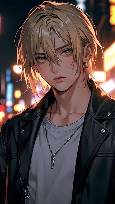 Anime blond hair boy wearing black coat AI